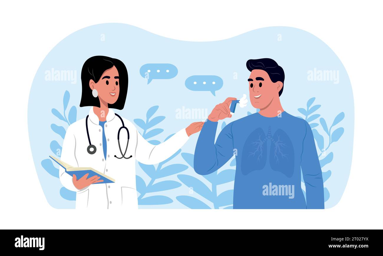 Bronchial asthma. A doctor tells his patient how to use an inhaler