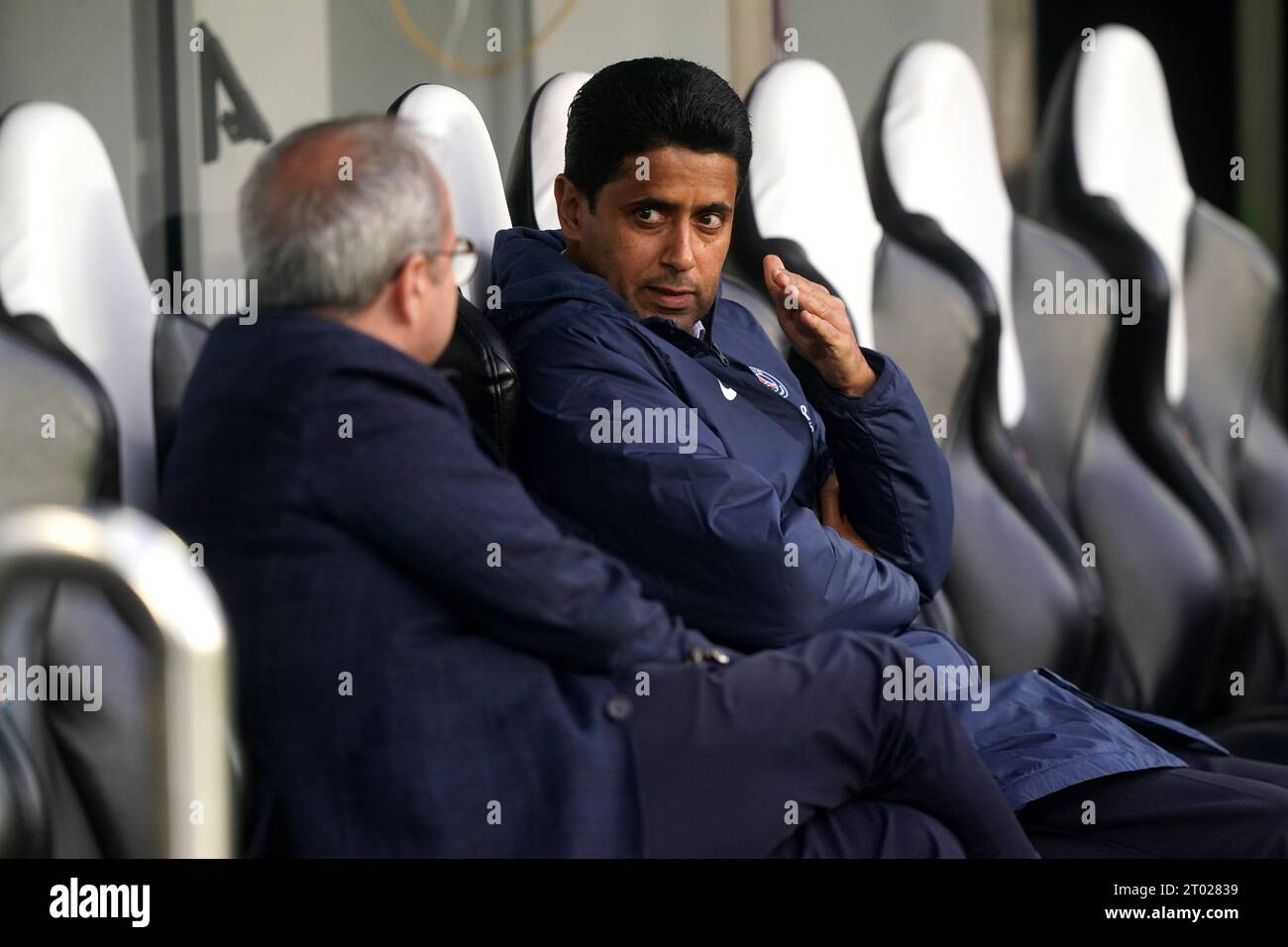 Paris Saint-Germain president Nasser Al-Khelaifi (facing) during a training session at St. James' Park, Newcastle. Picture date: Tuesday October 3, 2023. Stock Photo