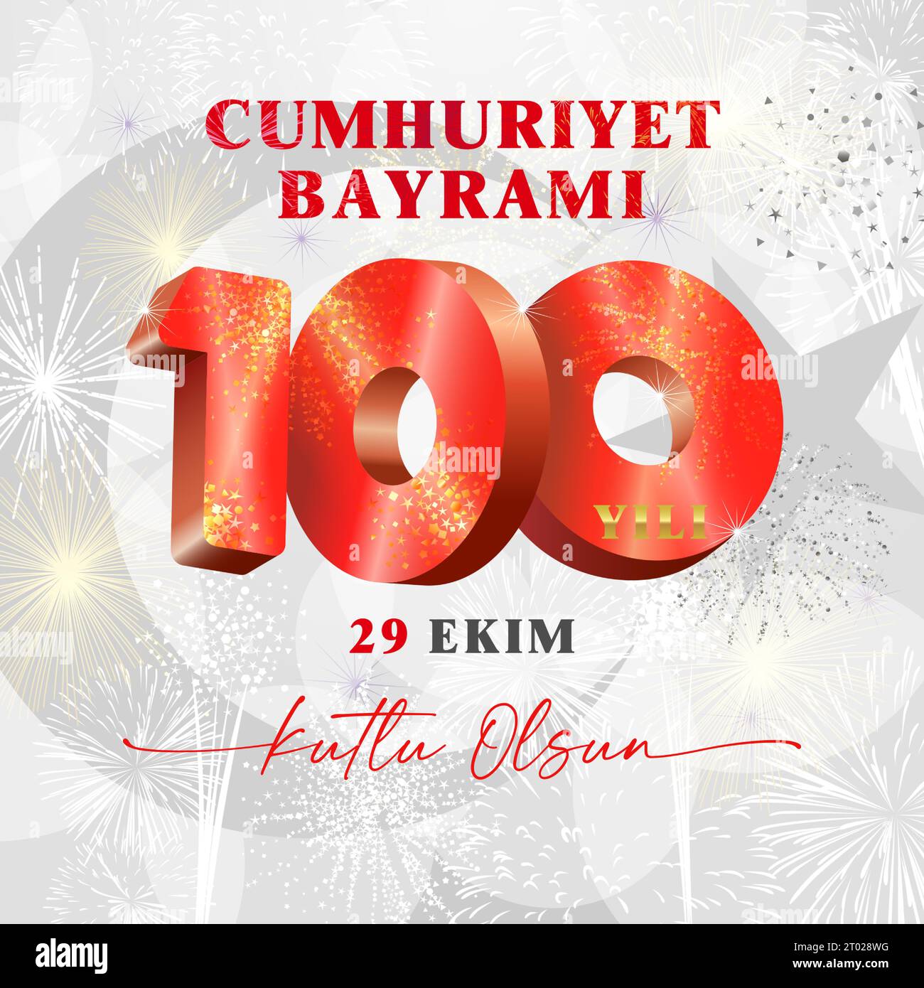 Turkish text, Cumhuriyet Bayrami means Republic Day, Kutlu olsun - Happy birthday. 29 Ekim - October 29. 100 yili, 100 years. Greeting card design for Stock Vector