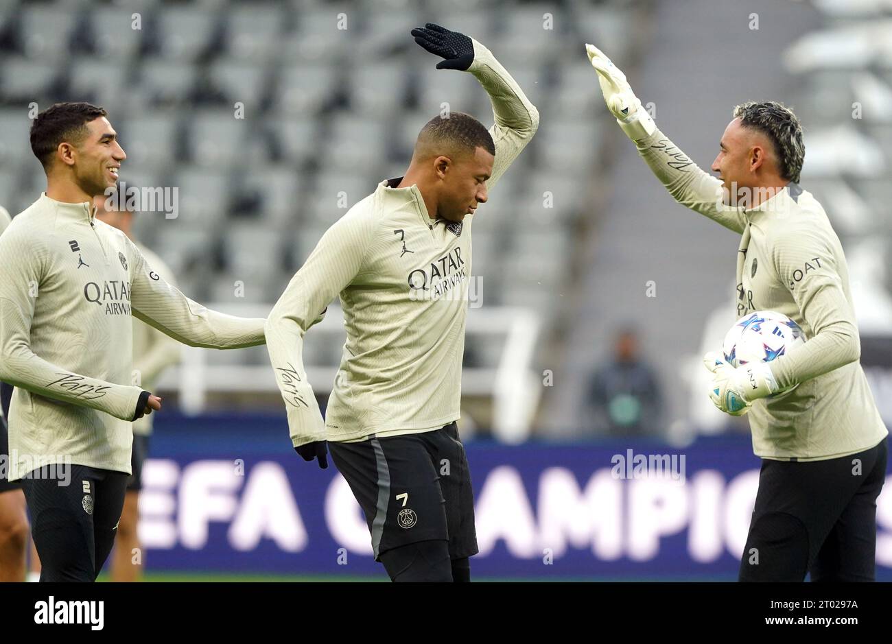 Paris Saint-Germain's Kylian Mbappe (centre) and team-mates during a training session at St. James' Park, Newcastle. Picture date: Tuesday October 3, 2023. Stock Photo