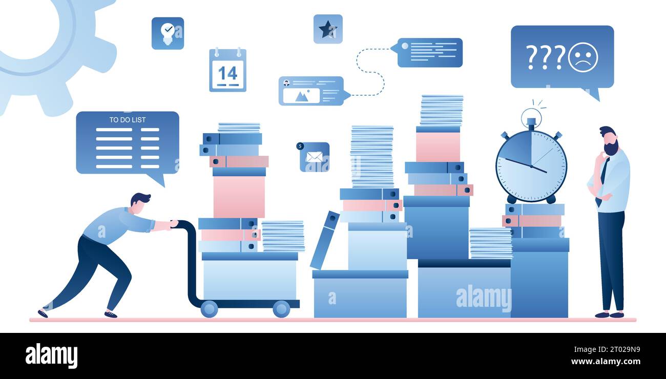 Office worker pushing cart full of documentation. Businessman look on