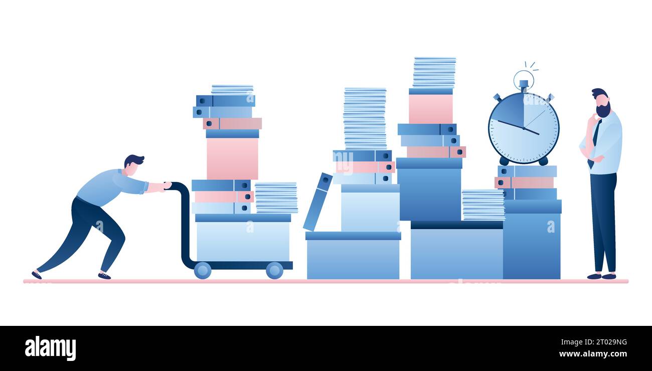 Office worker pushing cart full of documentation. Businessman look on