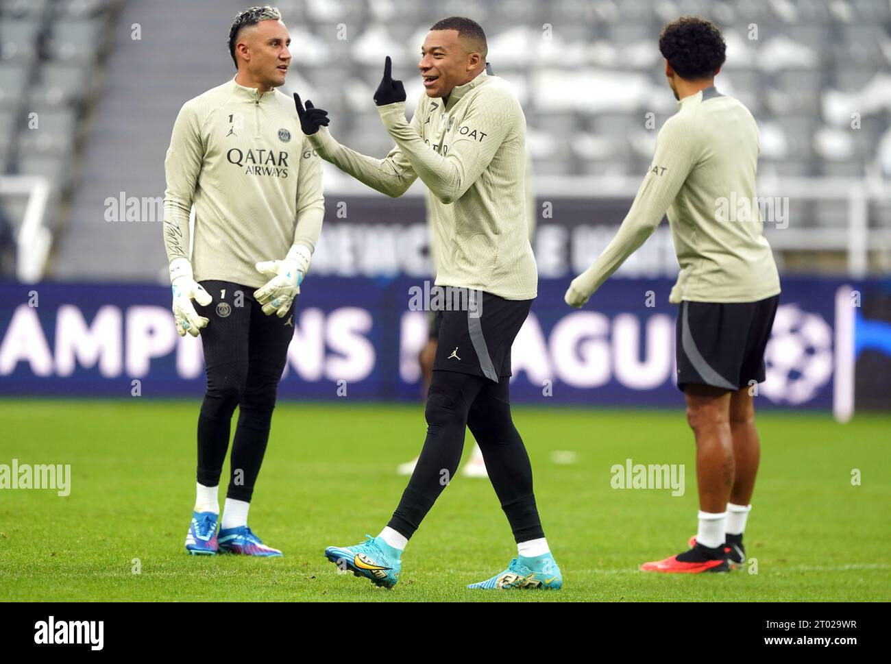 Paris Saint-Germain's Kylian Mbappe (centre) and team-mates during a training session at St. James' Park, Newcastle. Picture date: Tuesday October 3, 2023. Stock Photo