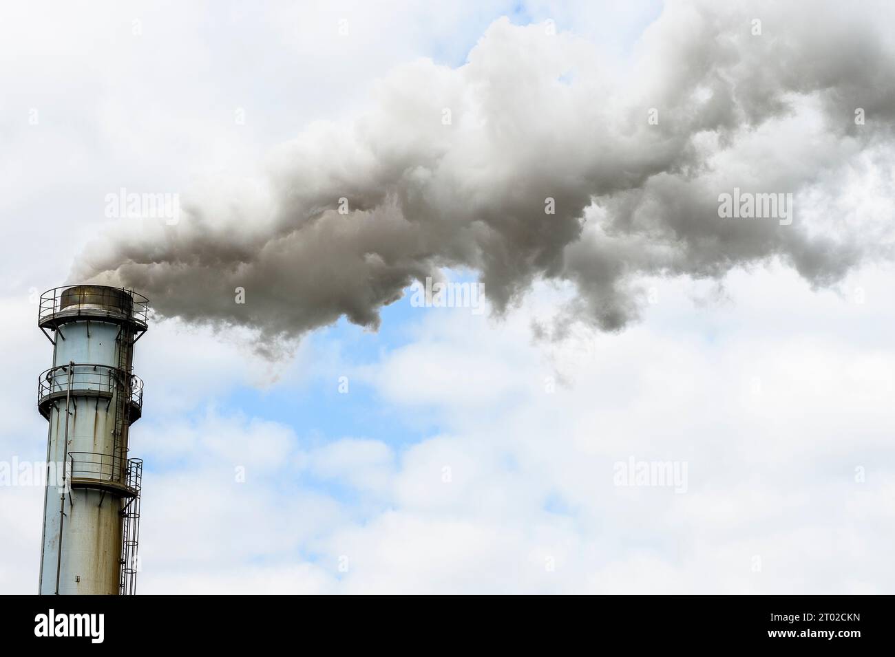 Smoke out of a manufacture's  chemney dehydrating  alfalfa or beat | Fumee s'echappant de la cheminee d'une entreprise qui deshydrate la luzerne, la p Stock Photo