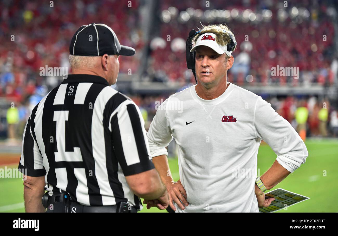 Oxford, MS, USA. 30th Sep, 2023. Mississippi Rebels coach Lane Kiffin talks to a referee during the fourth quarter of a college football game against the LSU Tigers at Vaught-Hemingway Stadium in Oxford, MS. Austin McAfee/CSM/Alamy Live News Stock Photo