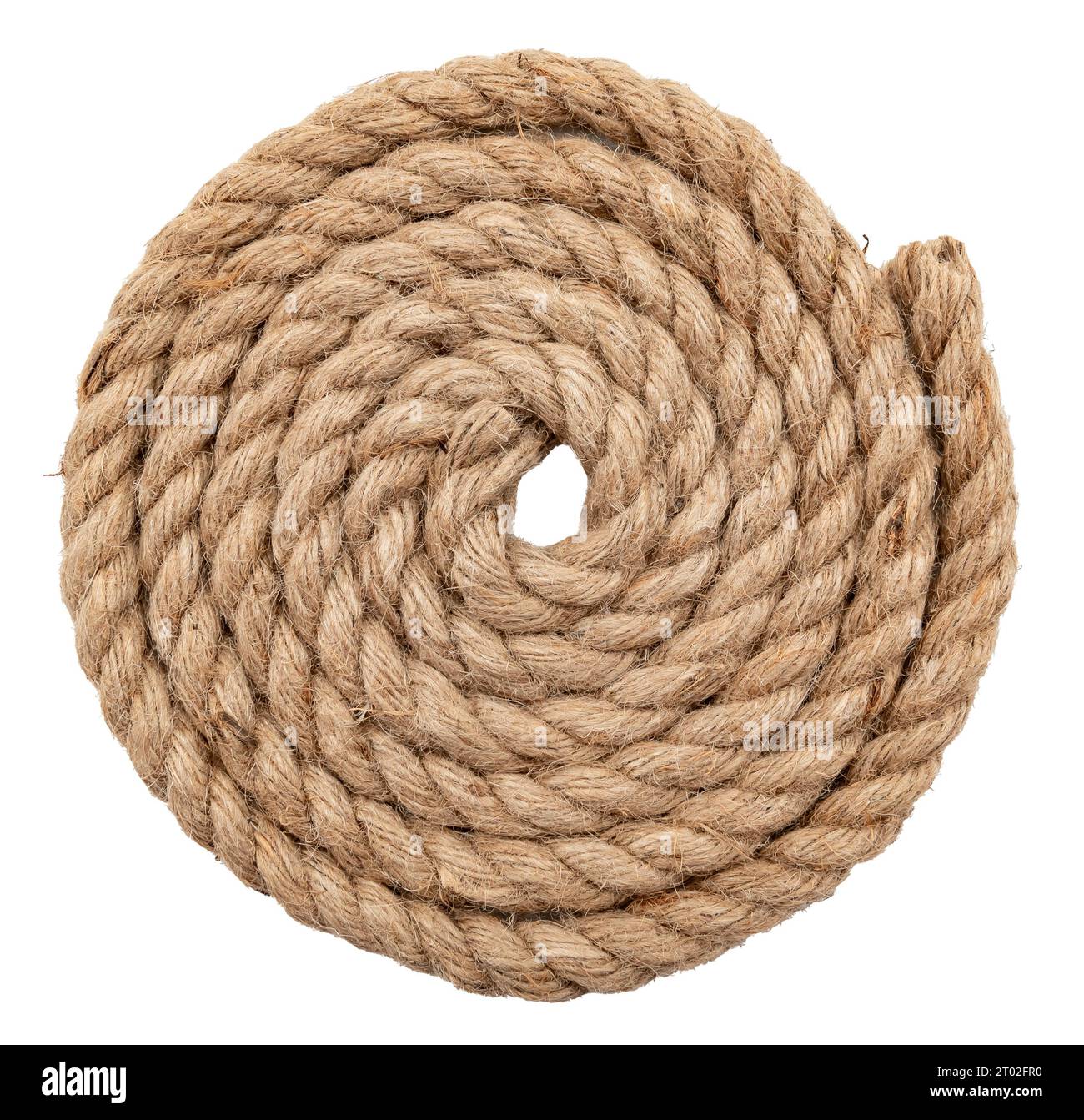 Jute rope with a knot or loop on a white background. Jute Stock Photo