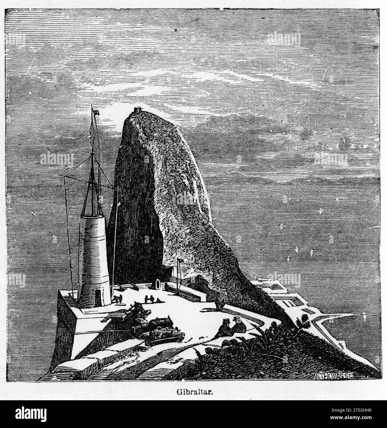 Engraving of The Rock of Gibraltor, circa 1880 Stock Photo