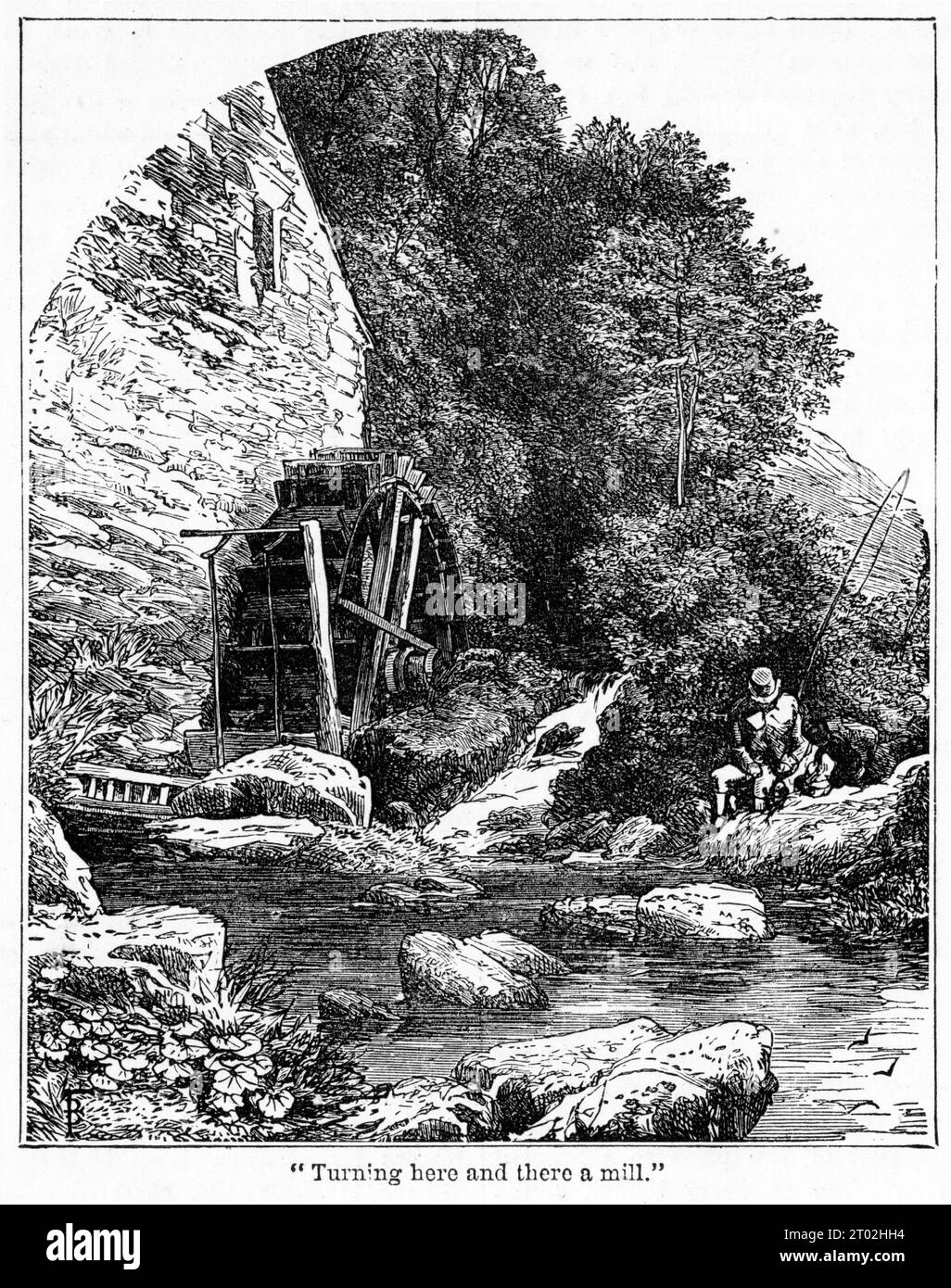 Engraving of an idyllic scene of a water mill in the countryside, circa 1880 Stock Photo