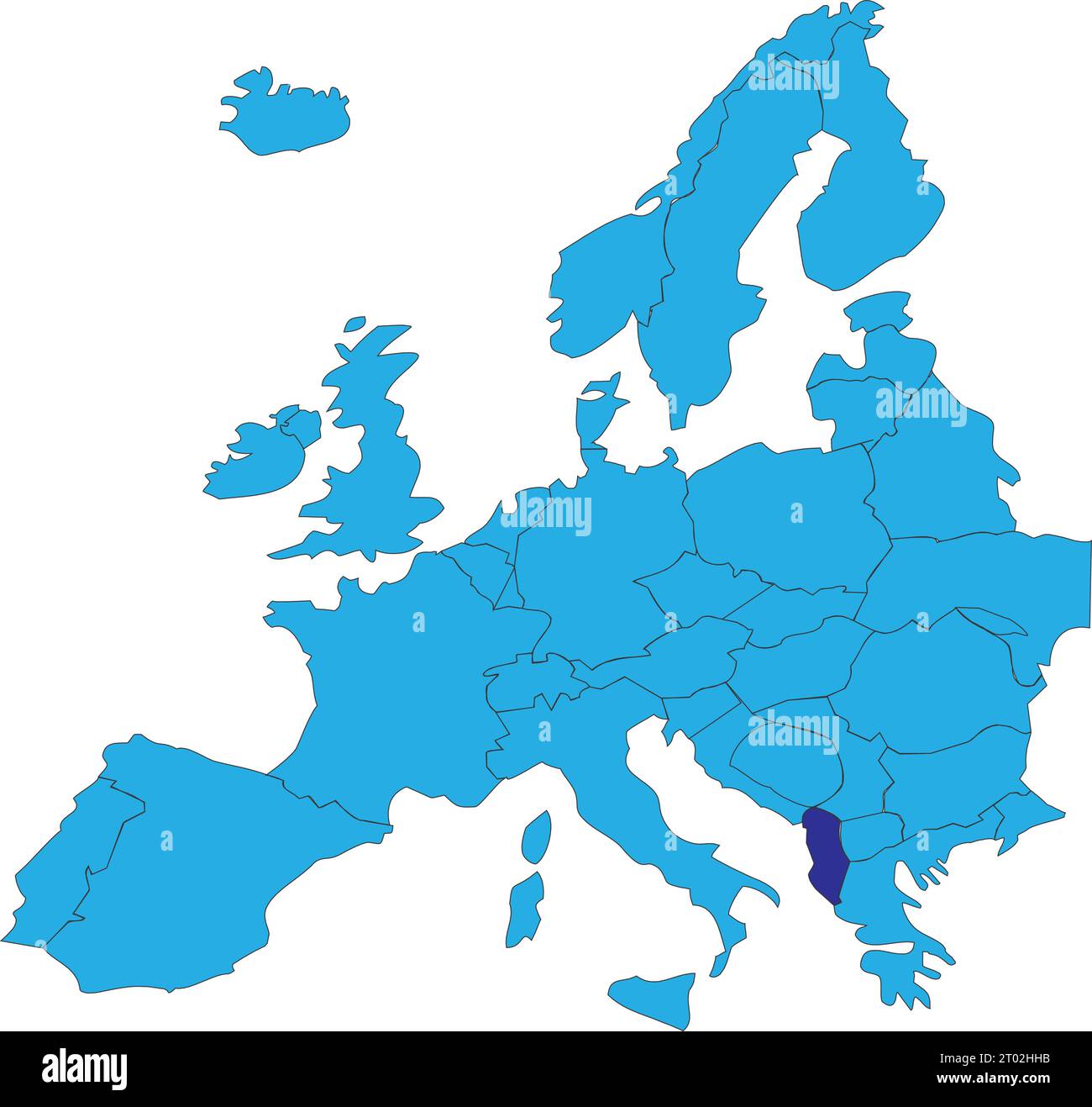 Dark blue CMYK national map of ALBANIA inside simplified blue blank political map of European continent on transparent background using Peters project Stock Vector