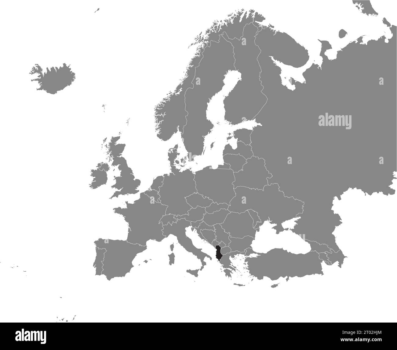 Black CMYK national map of ALBANIA inside detailed gray blank political map of European continent on transparent background using Mercator projection Stock Vector