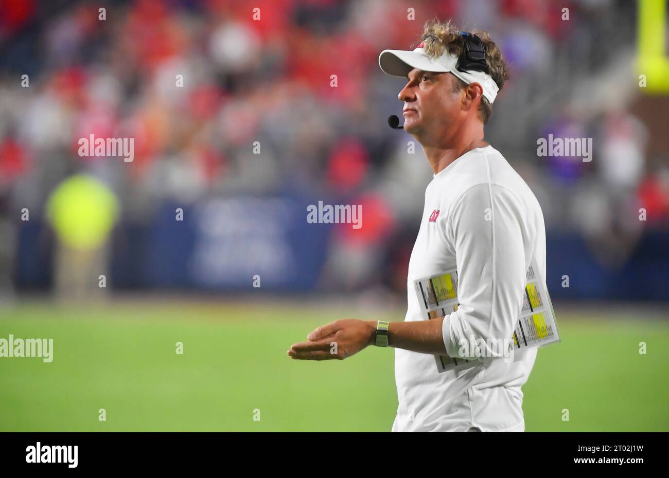 Oxford, MS, USA. 30th Sep, 2023. Mississippi Rebels coach Lane Kiffin watches a replay during the fourth quarter of a college football game against the LSU Tigers at Vaught-Hemingway Stadium in Oxford, MS. Austin McAfee/CSM/Alamy Live News Stock Photo