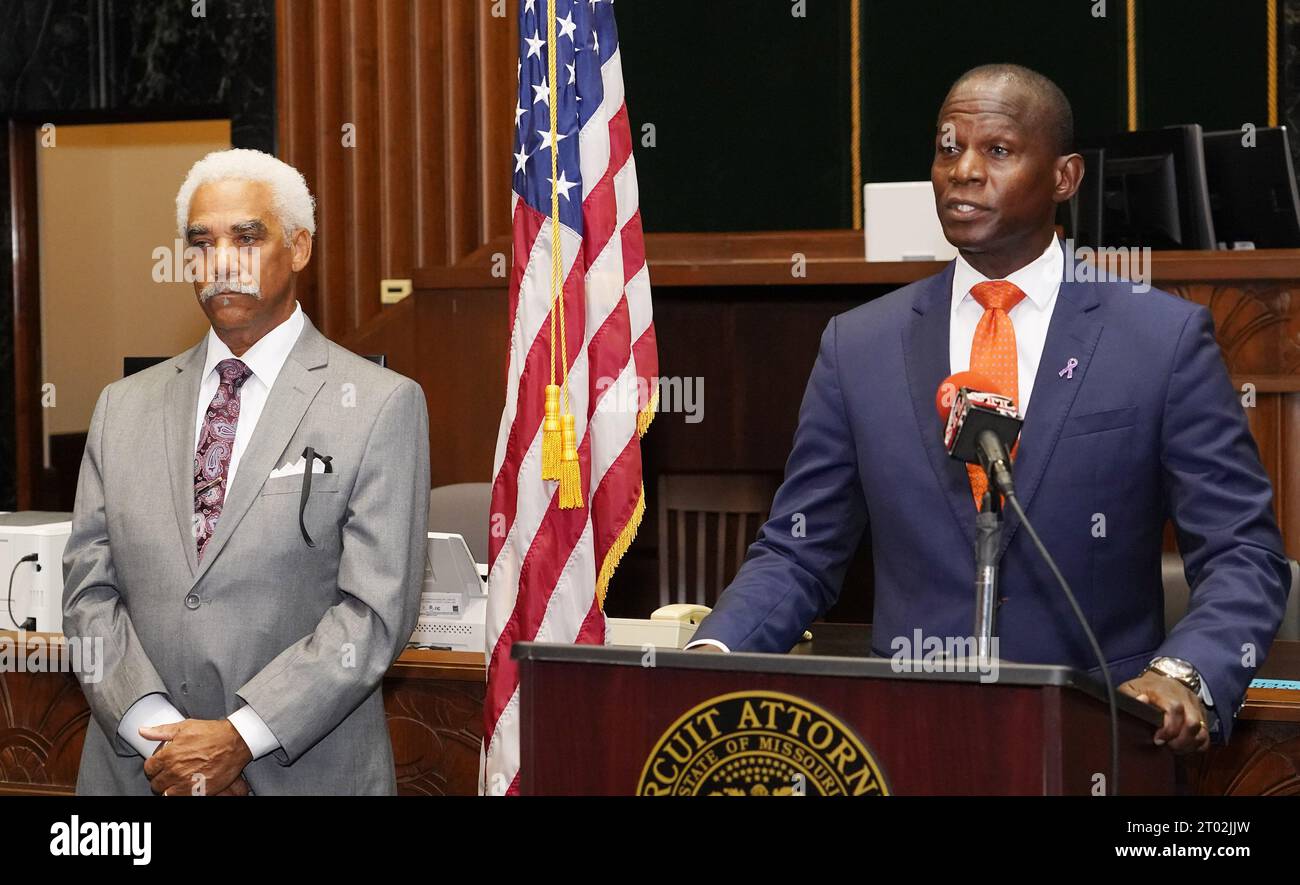 St. Louis, United States. 03rd Oct, 2023. City of St. Louis Circuit Attorney Gabe Gore makes the announcement that former Chief Justice of the Missouri Supreme Court Judge George W. Draper III, (L) will join his staff as Chief Training Officer in St. Louis on Tuesday, October 3, 2023. Photo by Bill Greenblatt/UPI Credit: UPI/Alamy Live News Stock Photo