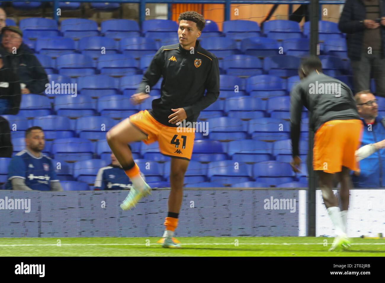 Tyrell Sellars-Fleming #41 of Hull City during the pre-game warm up ahead of the Sky Bet Championship match Ipswich Town vs Hull City at Portman Road, Ipswich, United Kingdom, 3rd October 2023  (Photo by Gareth Evans/News Images) Stock Photo