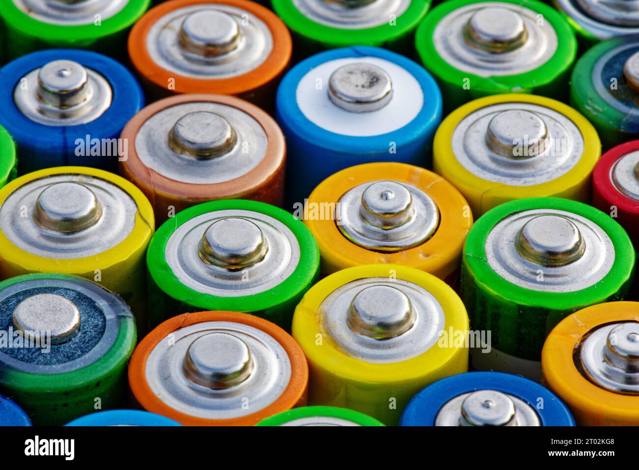 Old used batteries collected for recycling. Toxic waste recycling and