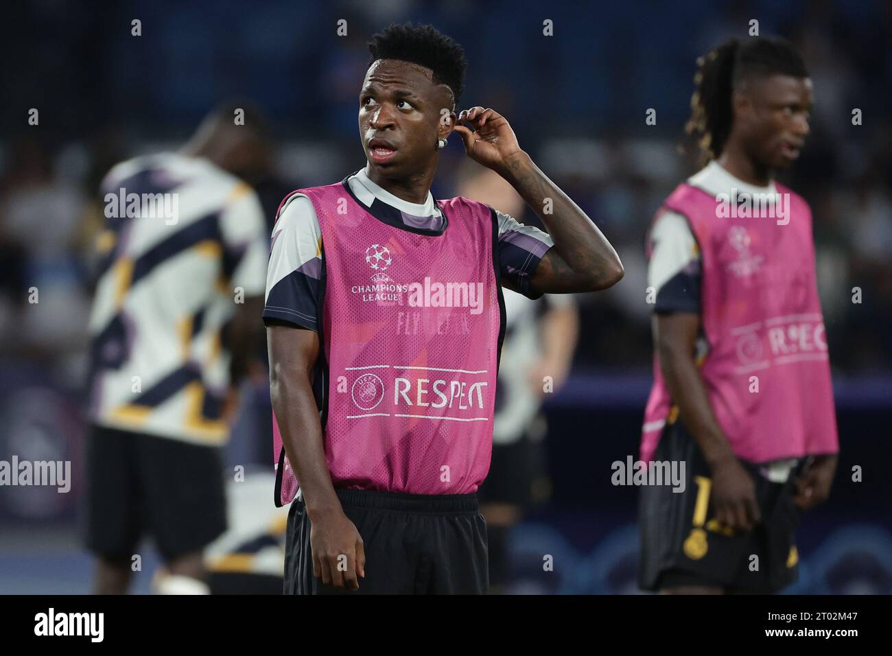 Naples, Italy. 03rd Oct, 2023. Vinicius Junior of Real Madrid CF prior to the Champions League Group C football match between SSC Napoli and Real Madrid FC at Diego Armando Maradona stadium in Naples (Italy), October 3rd, 2023. Credit: Insidefoto di andrea staccioli/Alamy Live News Stock Photo