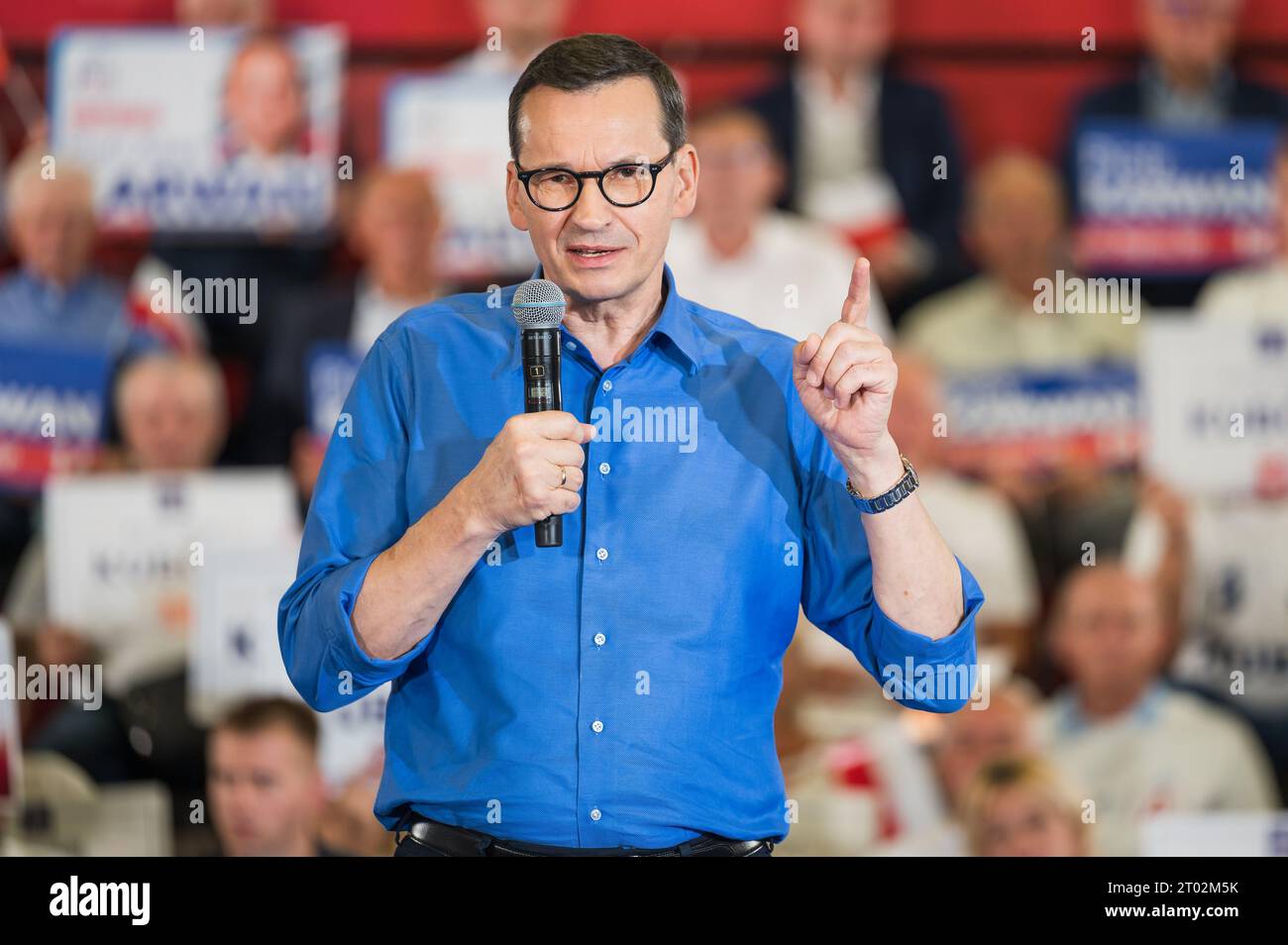 LUBIN, POLAND - SEPTEMBER 29, 2019:  Prime Minister of the government Mateusz Morawiecki during election meeting with town residents. Stock Photo