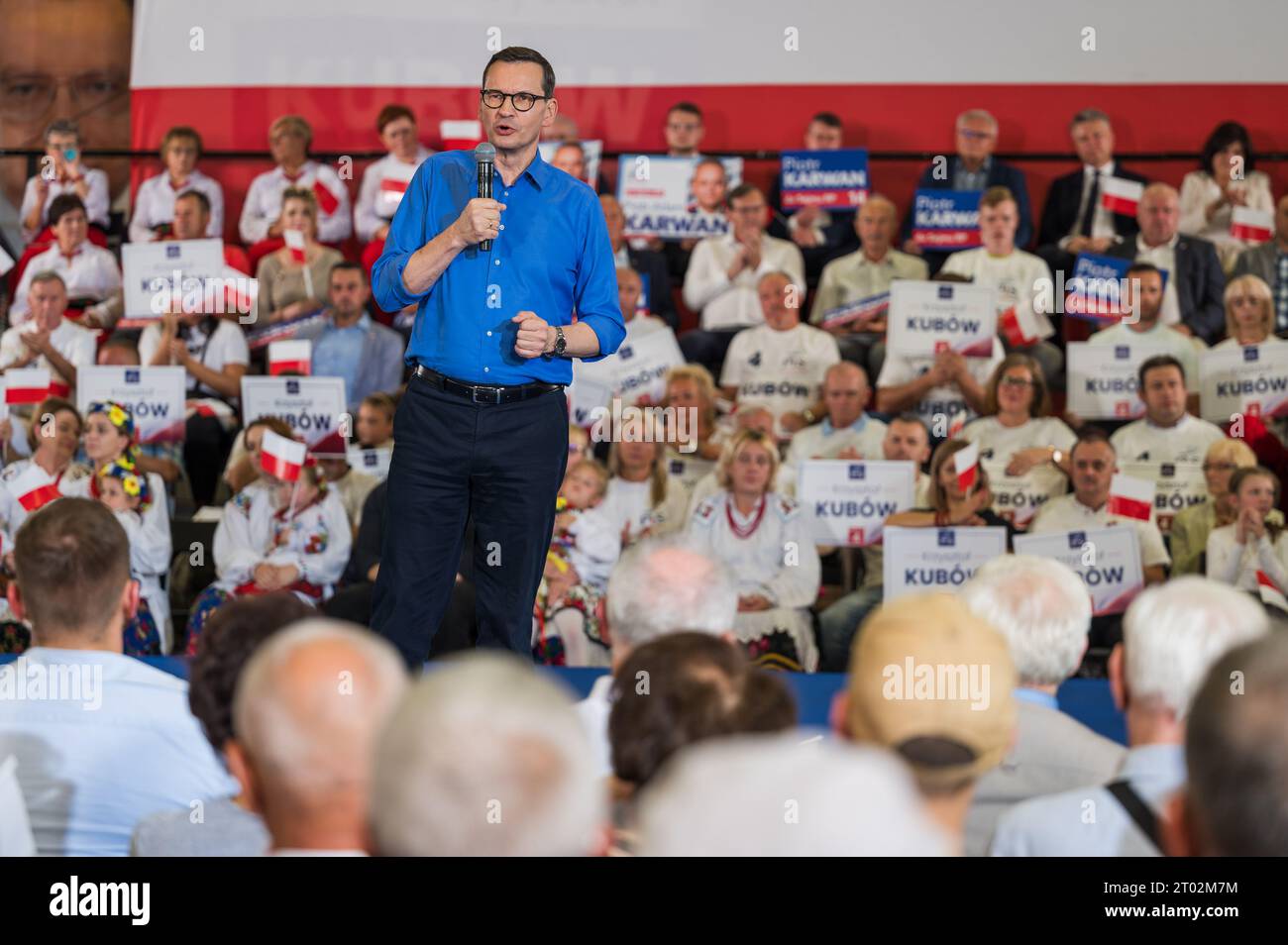 LUBIN, POLAND - SEPTEMBER 29, 2019:  Prime Minister of the government Mateusz Morawiecki during election meeting with town residents. Stock Photo