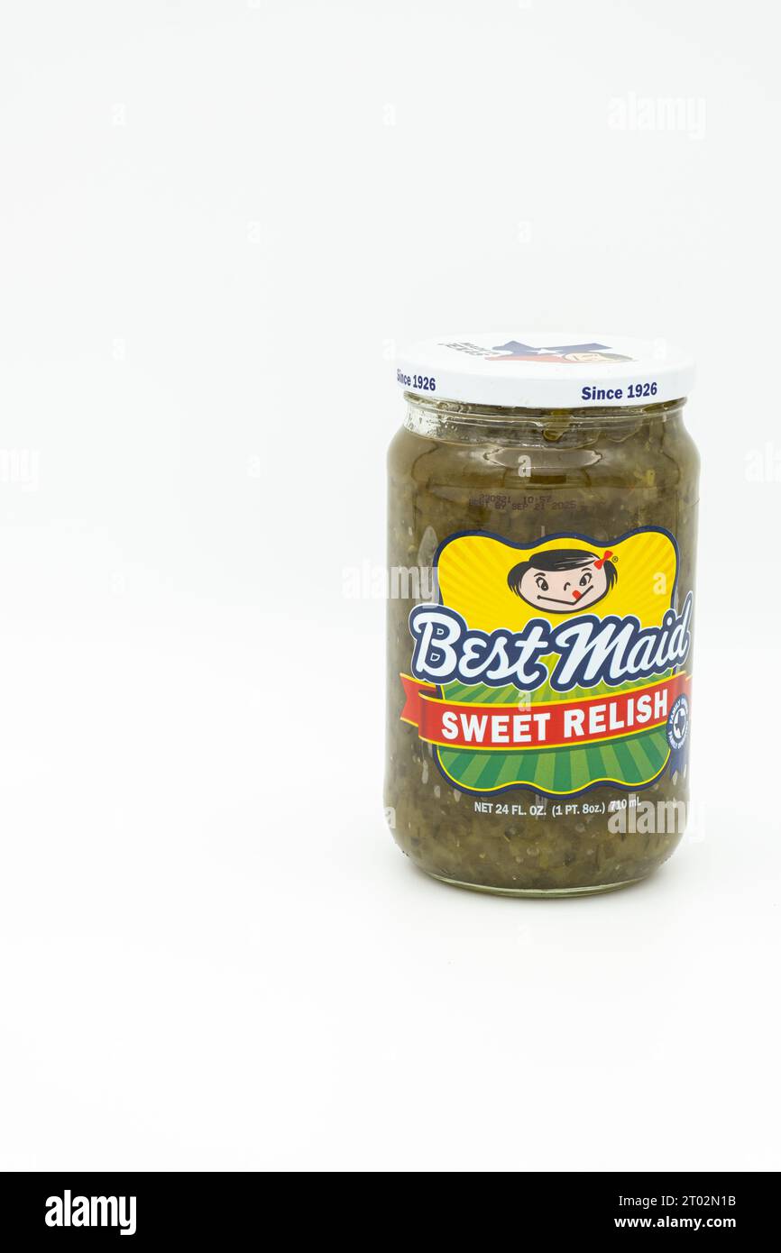 Glass jar of sweet relish used as condiment Stock Photo