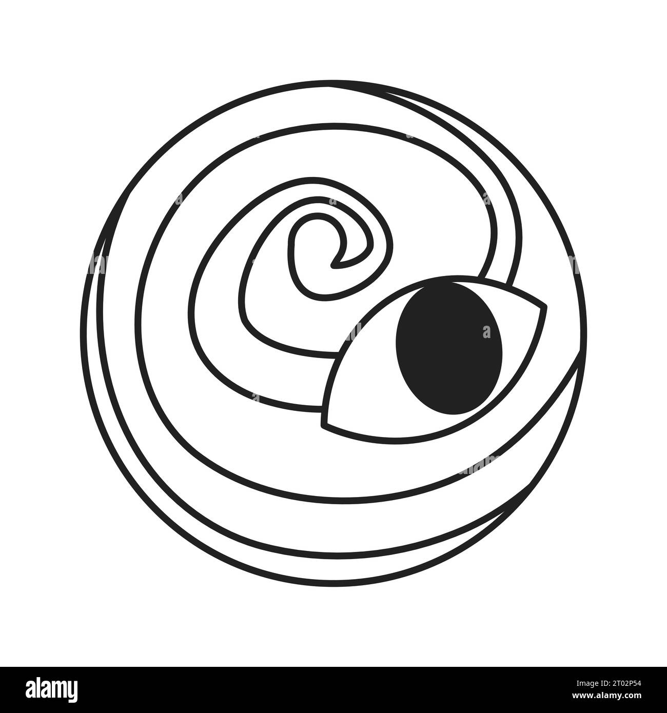 Curious eyeball planet with spiral black and white 2D cartoon