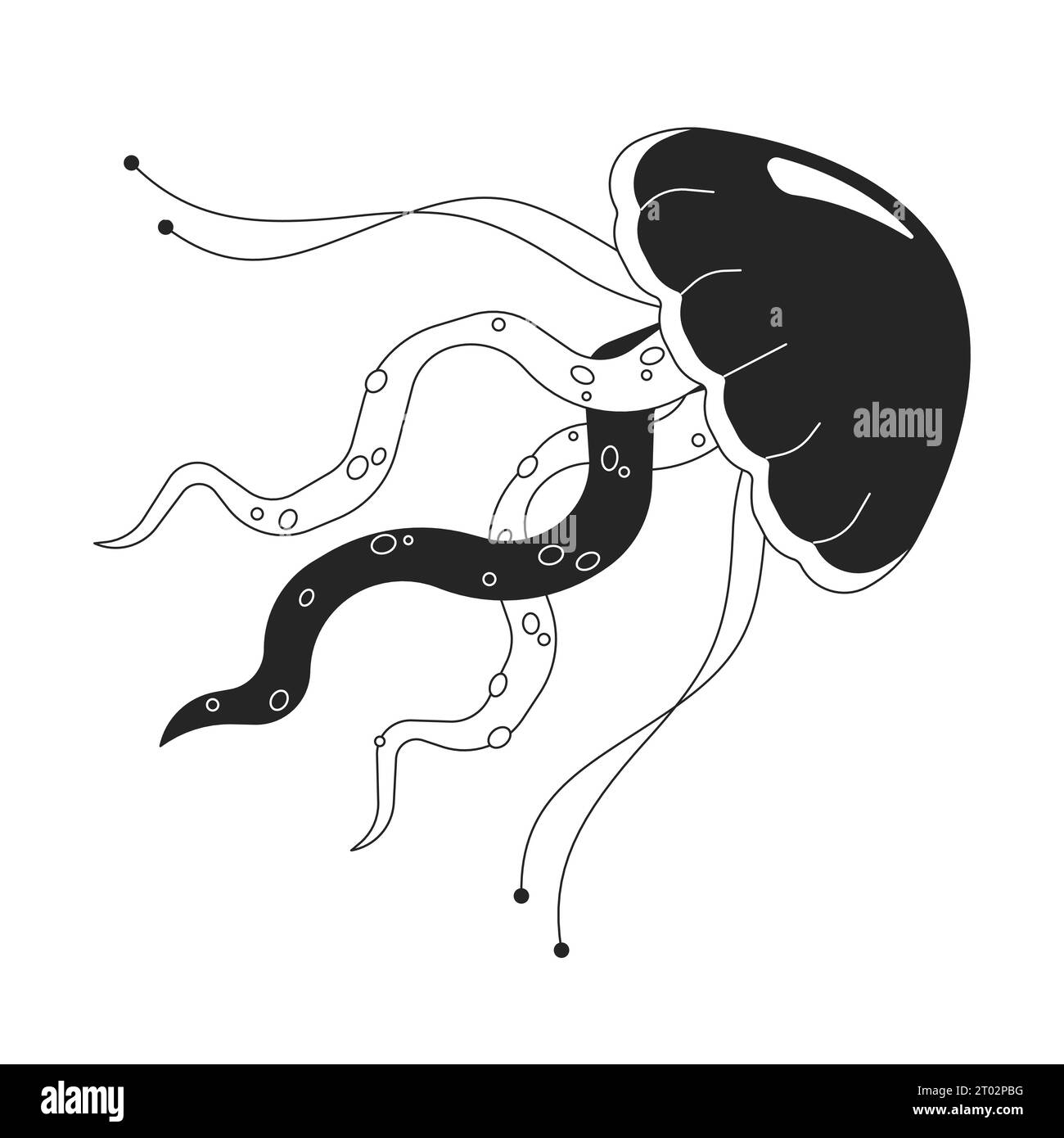 Underwater jellyfish floating black and white 2D line cartoon object
