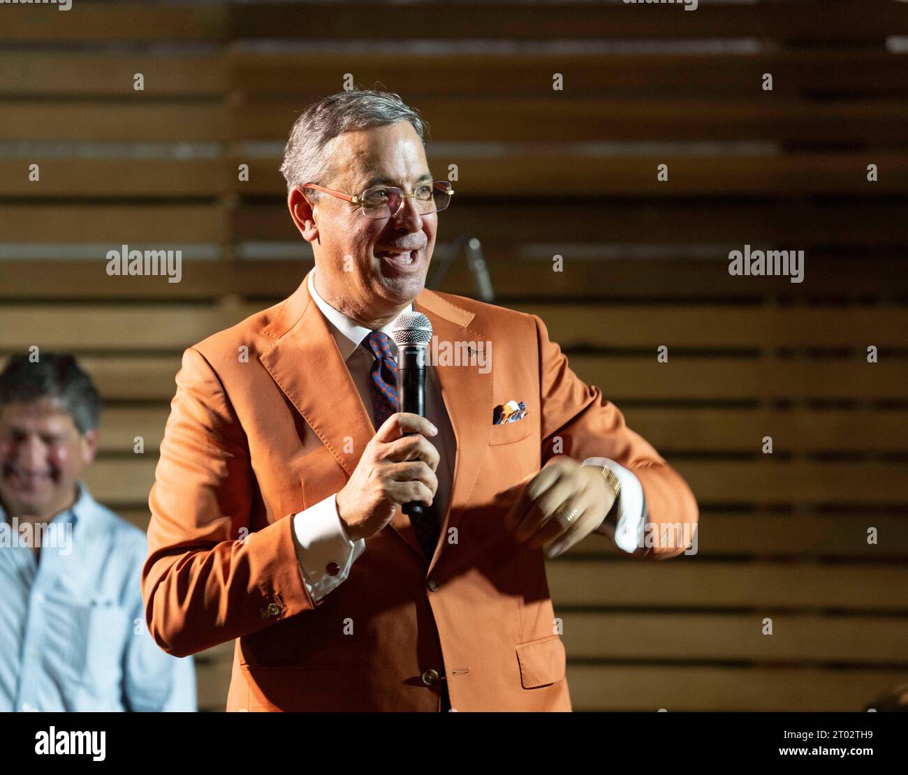 University of Texas Athletic Director CHRIS DEL CONTE onstage at a 'tailgate party' hosted by Texas Gov. Greg Abbott the evening before a football game between undefeated Texas (4-0) and Kansas (4-0) in Austin on September 29, 2023. Several hundred Longhorn fans roamed the grounds and toured the governor's mansion. ©Bob Daemmrich Stock Photo