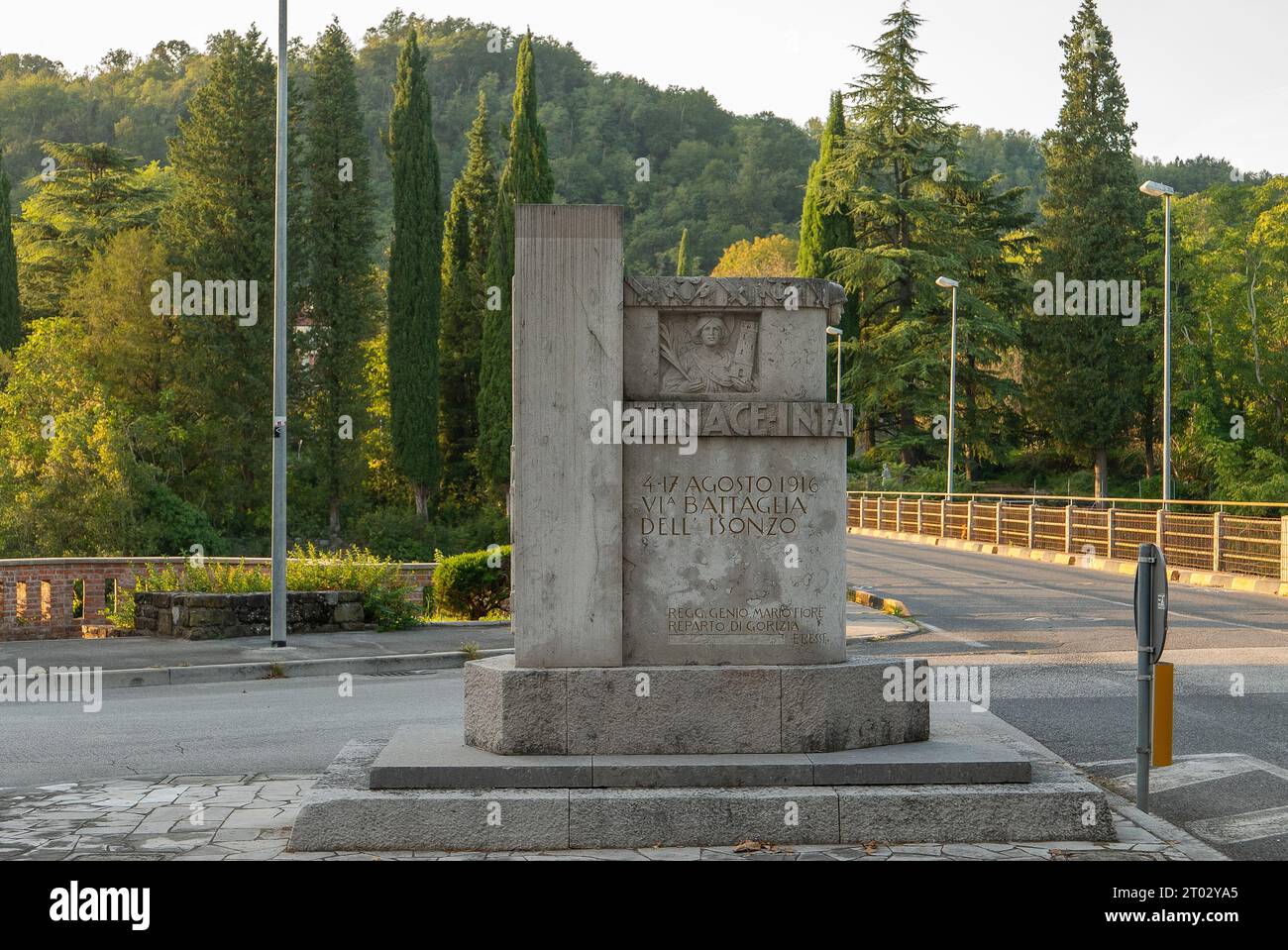 Gorizia, Italy - Stone monument of the Fascist Era dedicated to the battles of the italian army during WW1 on the river Isonzo (Soca) Stock Photo