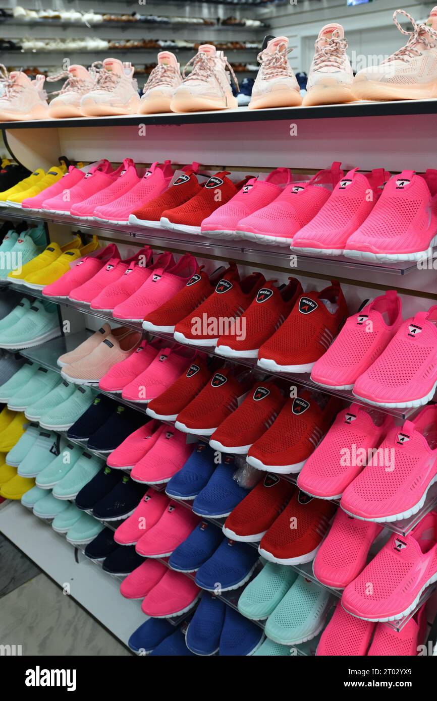 Moscow, Russia - Aug 21. 2023. Women's slip-ons in the Economy clothing store in Zelenograd Stock Photo