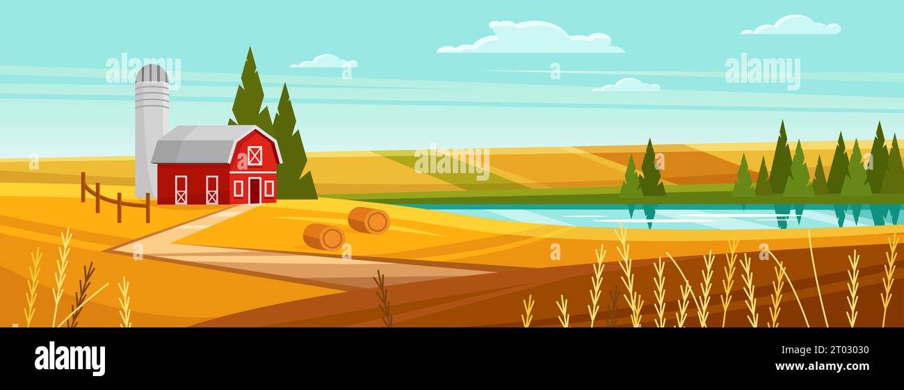 Farm house in village landscape vector illustration. Cartoon cute sunny rural scene with red barn and hangar tower, country road through yellow wheat fields with round haystacks, countryside farmland Stock Vector