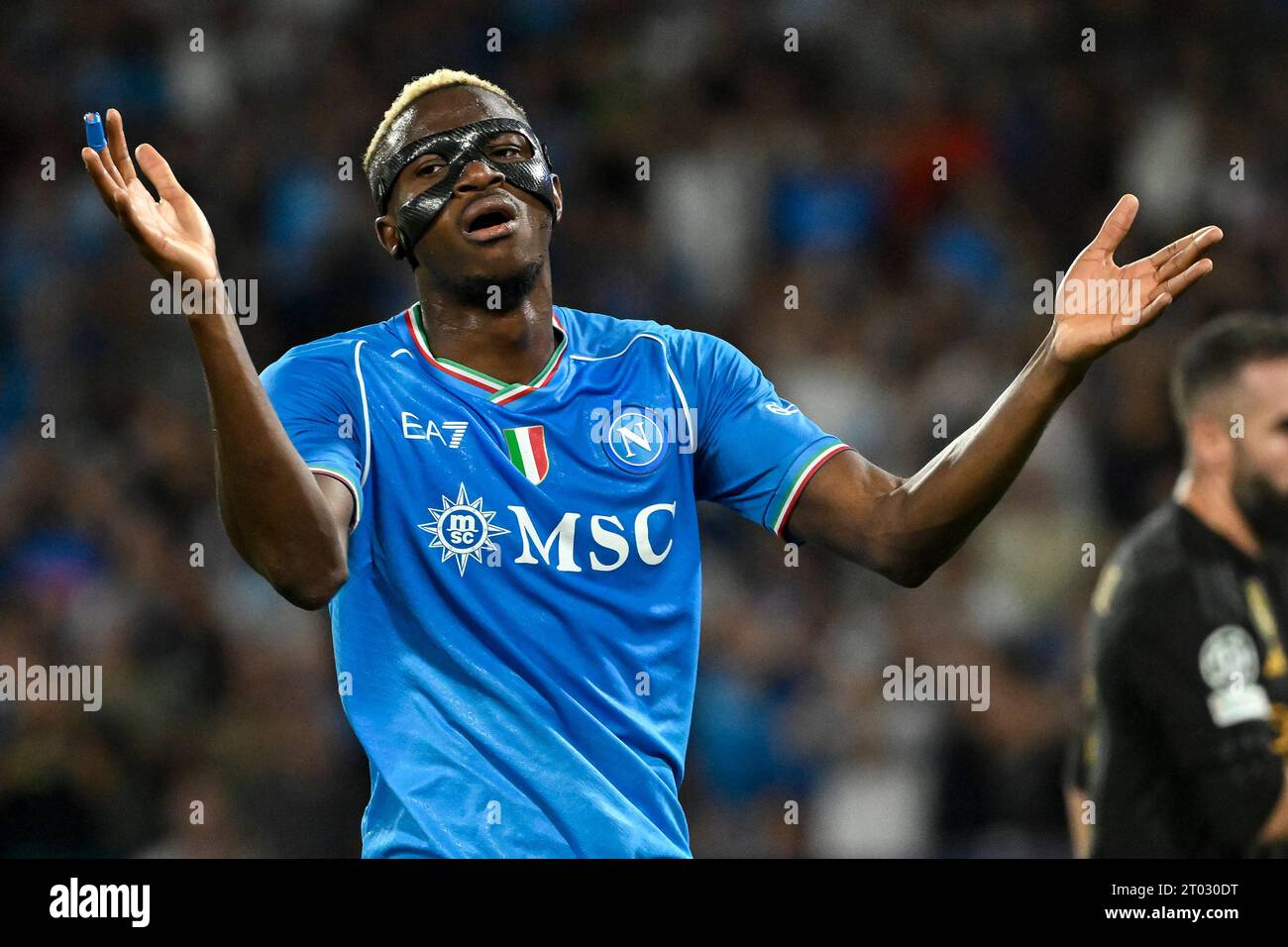 Victor Osimhen of SSC Napoli reacts during the Champions League Group C football match between SSC Napoli and Real Madrid FC at Diego Armando Maradona stadium in Naples (Italy), October 3rd, 2023. Credit: Insidefoto di andrea staccioli/Alamy Live News Stock Photo