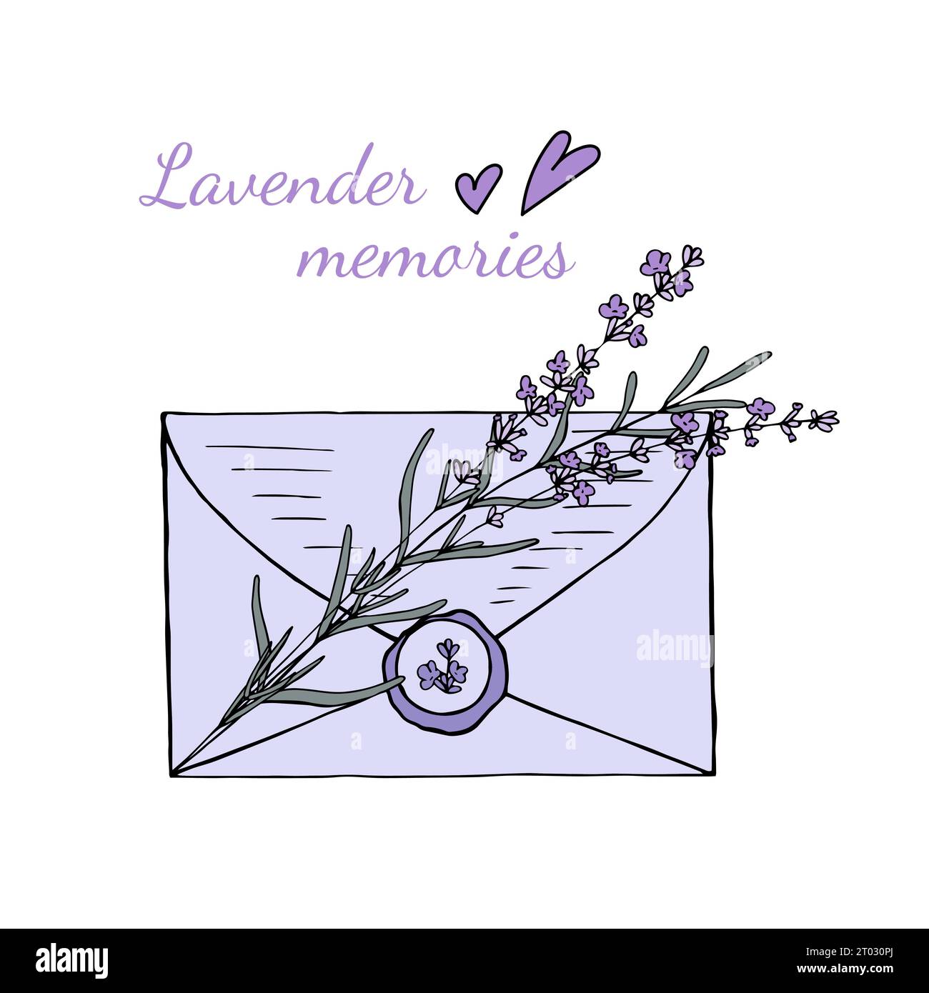 Envelope in purple colour with wax seal and lavender branch. Vector hand drawn illustration for design. Lavender aesthetics Stock Vector