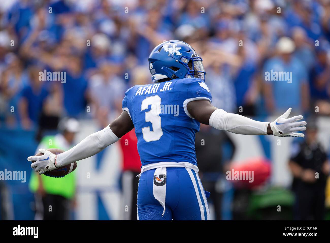 Kentucky defensive back Alex Afari Jr. (3) celebrates after an interception  late in the second half of an NCAA college football game against Florida in  Lexington, Ky., Saturday, Sept. 30, 2023. (AP