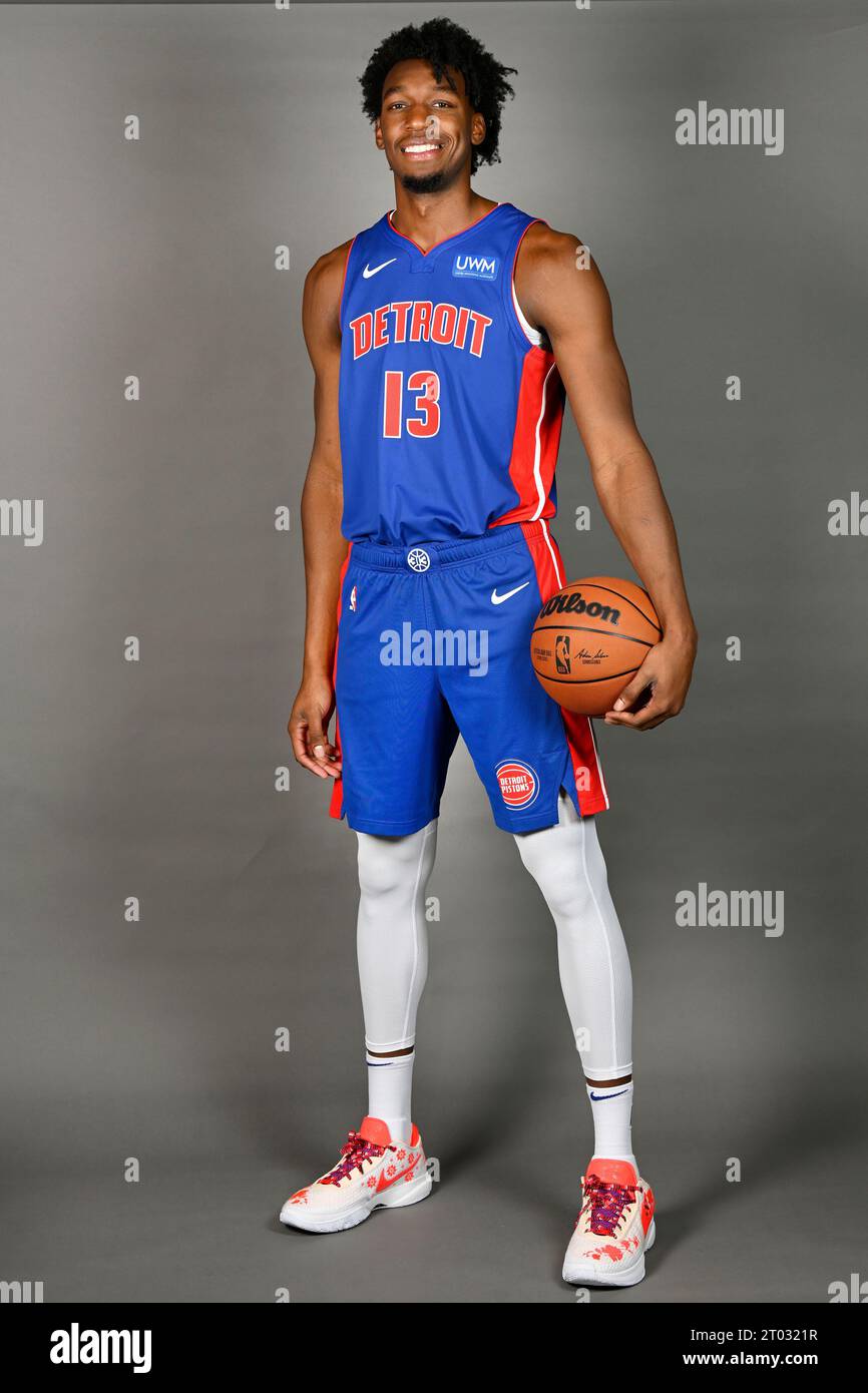Detroit Pistons' James Wiseman poses during the NBA basketball team's