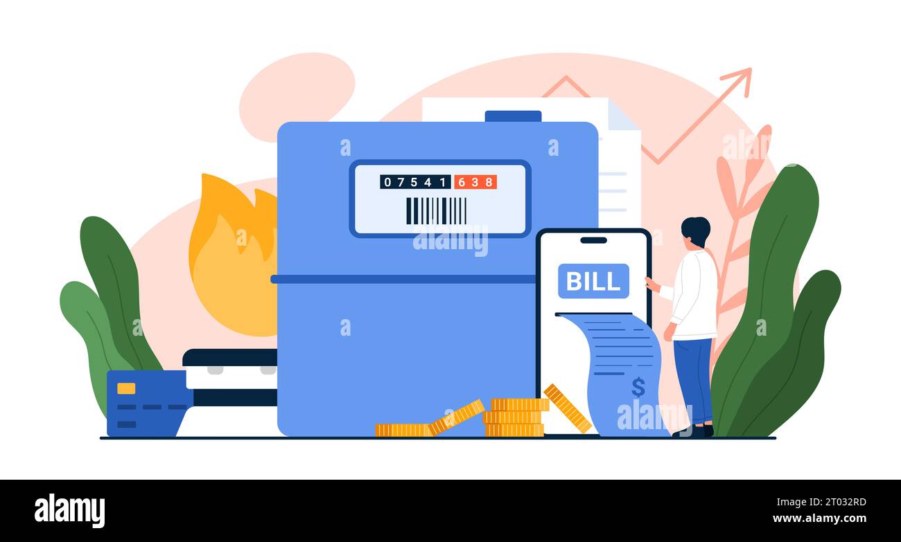 Payment of gas bill online vector illustration. Cartoon tiny customer