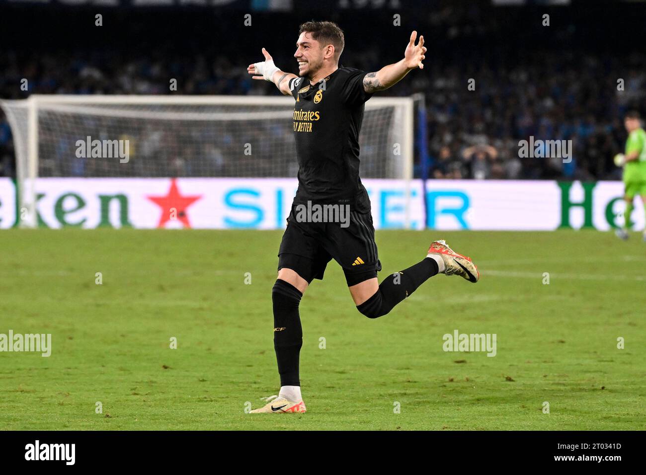 Naples, Italy. 03rd Oct, 2023. Federico Valverde of Real Madrid CF celebrates after scoring the goal of 2-3 during the Champions League Group C football match between SSC Napoli and Real Madrid FC at Diego Armando Maradona stadium in Naples (Italy), October 3rd, 2023. Credit: Insidefoto di andrea staccioli/Alamy Live News Stock Photo
