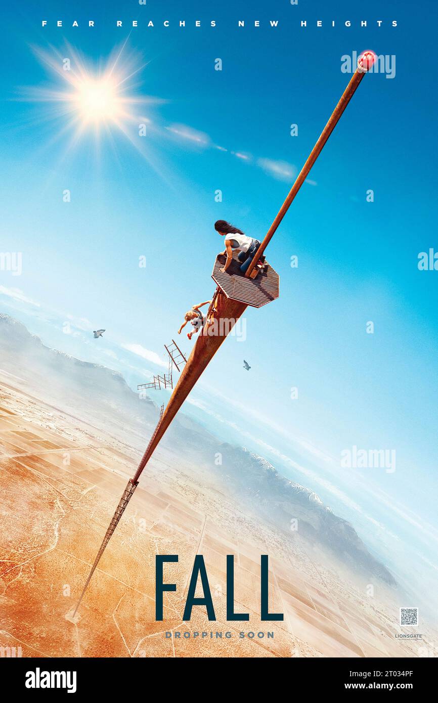 Fall (2022) directed by Scott Mann and starring Grace Caroline Currey, Virginia Gardner and Mason Gooding. When a high-rise climb goes wrong, best friends Becky and Hunter find themselves stuck at the top of a 2,000-foot TV tower. Stock Photo
