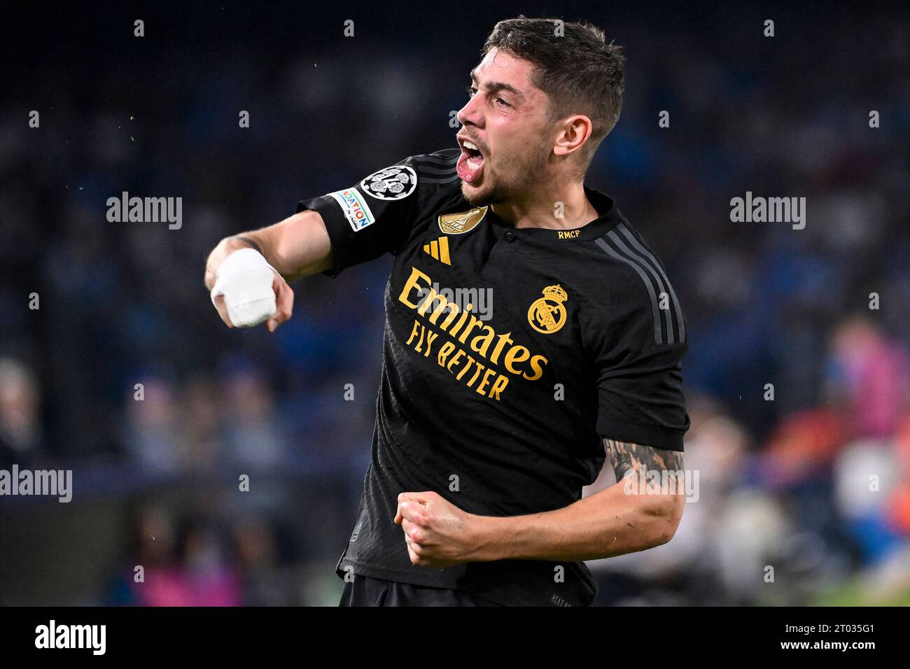 Naples, Italy. 03rd Oct, 2023. Federico Valverde of Real Madrid CF celebrates after scoring the goal of 2-3 during the Champions League Group C football match between SSC Napoli and Real Madrid FC at Diego Armando Maradona stadium in Naples (Italy), October 3rd, 2023. Credit: Insidefoto di andrea staccioli/Alamy Live News Stock Photo
