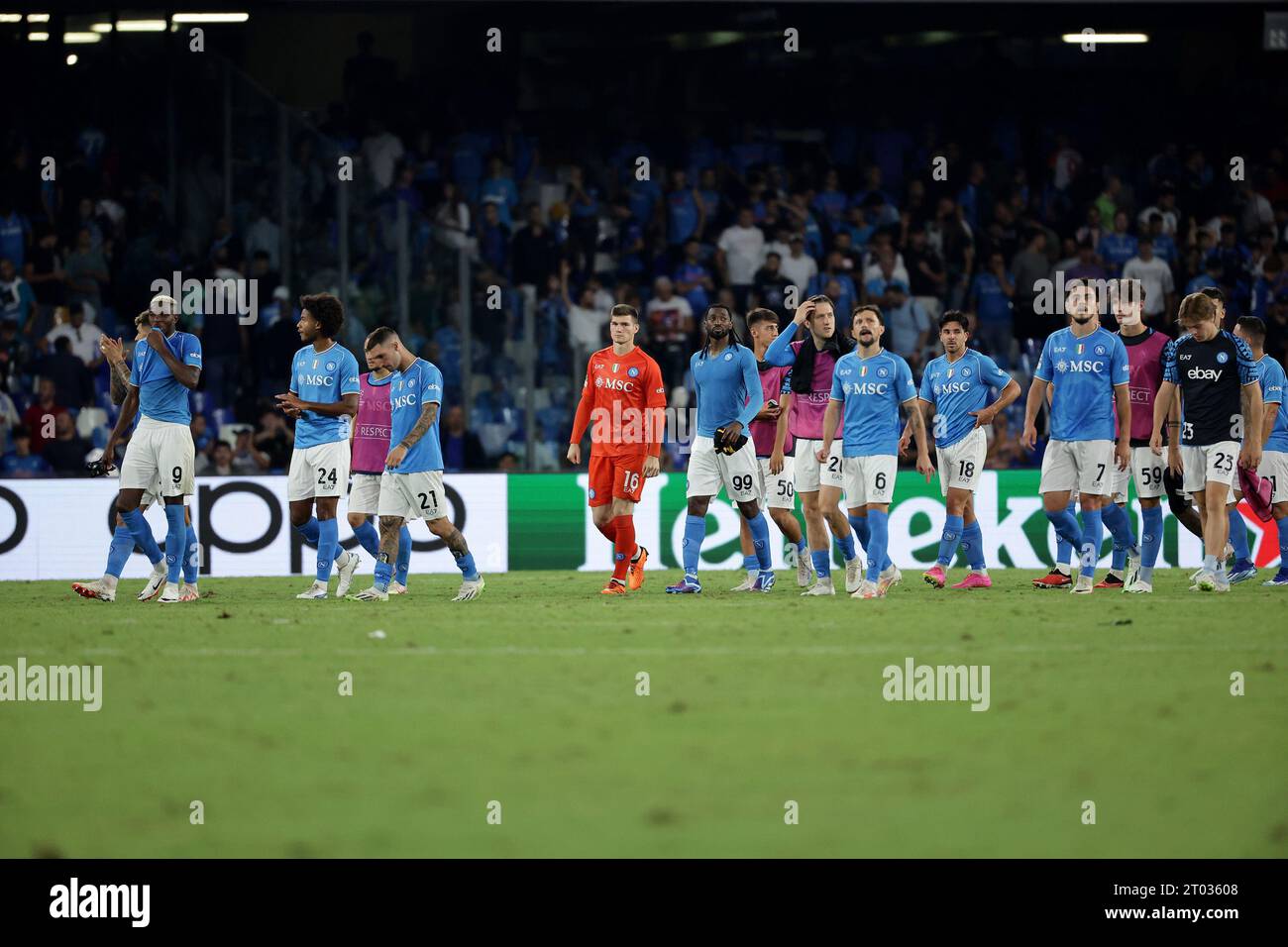 Naples, Italy. 03rd Oct, 2023. Napoli players dejection at the end of the Champions League Group C football match between SSC Napoli and Real Madrid FC at Diego Armando Maradona stadium in Naples (Italy), October 3rd, 2023. Credit: Insidefoto di andrea staccioli/Alamy Live News Stock Photo