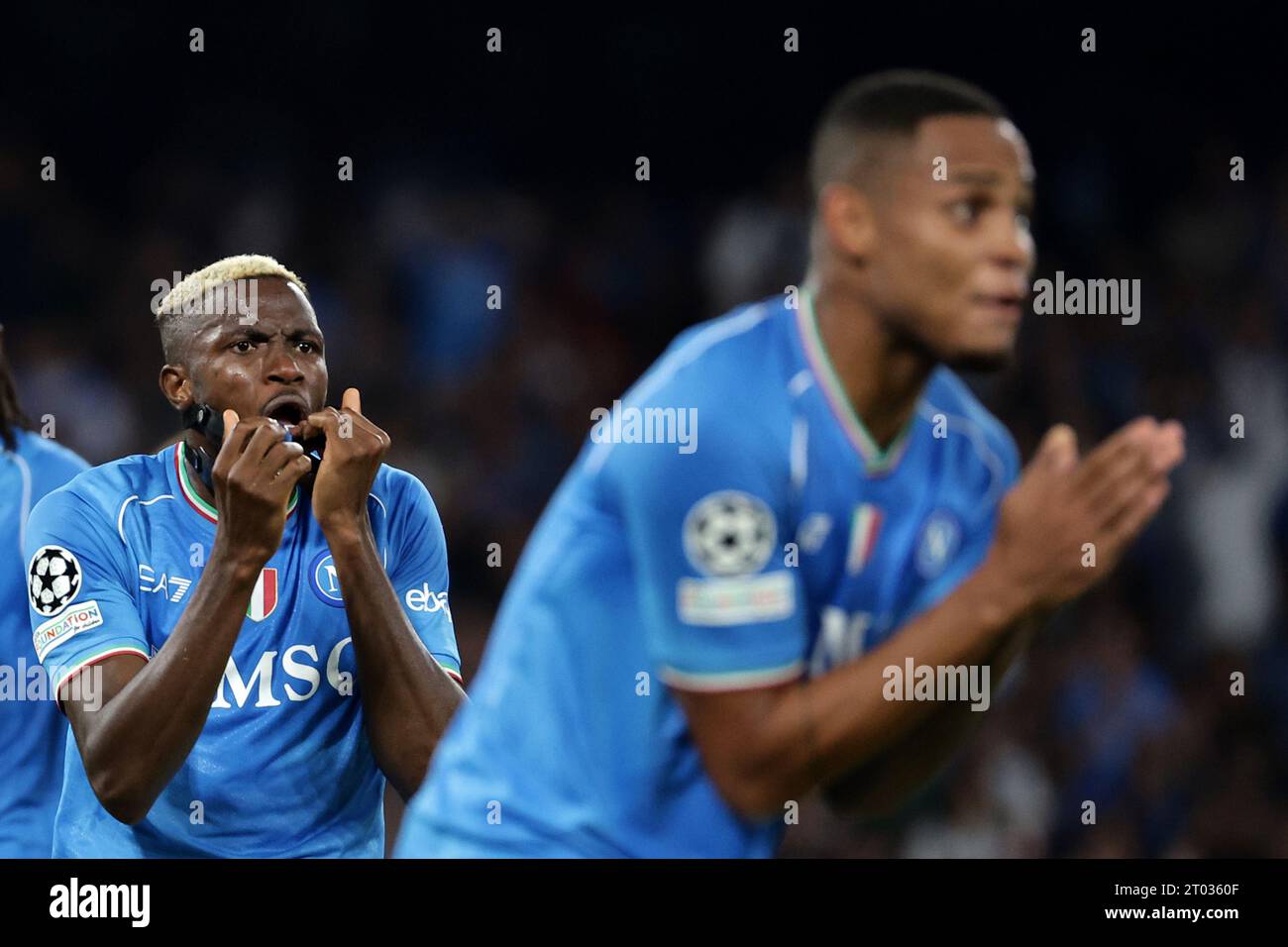 Naples, Italy. 03rd Oct, 2023. Victor Osimhen of SSC Napoli reacts during the Champions League Group C football match between SSC Napoli and Real Madrid FC at Diego Armando Maradona stadium in Naples (Italy), October 3rd, 2023. Credit: Insidefoto di andrea staccioli/Alamy Live News Stock Photo