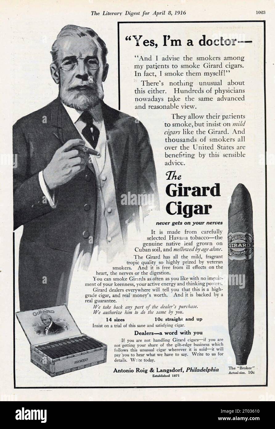 A 1916 cigarette advert showing a fictional doctor endorsing a cigar brand. Stock Photo