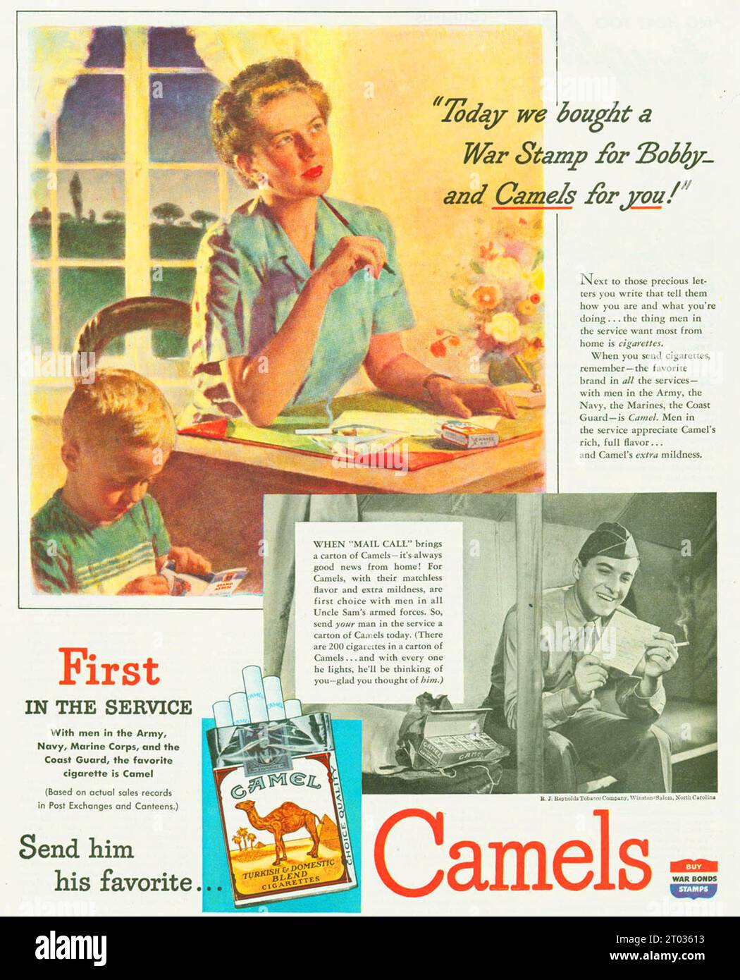 This WWII cigarette ad shows a woman sending her soldier husband a carton of cigarettes, and urges others to do the same. Stock Photo