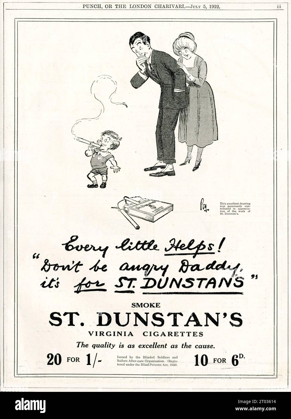 In a 1922 cigarette advert, a small child, smoking a cigarette, tells his amused parents not to worry, as he is smoking for a veteran's charity. Stock Photo