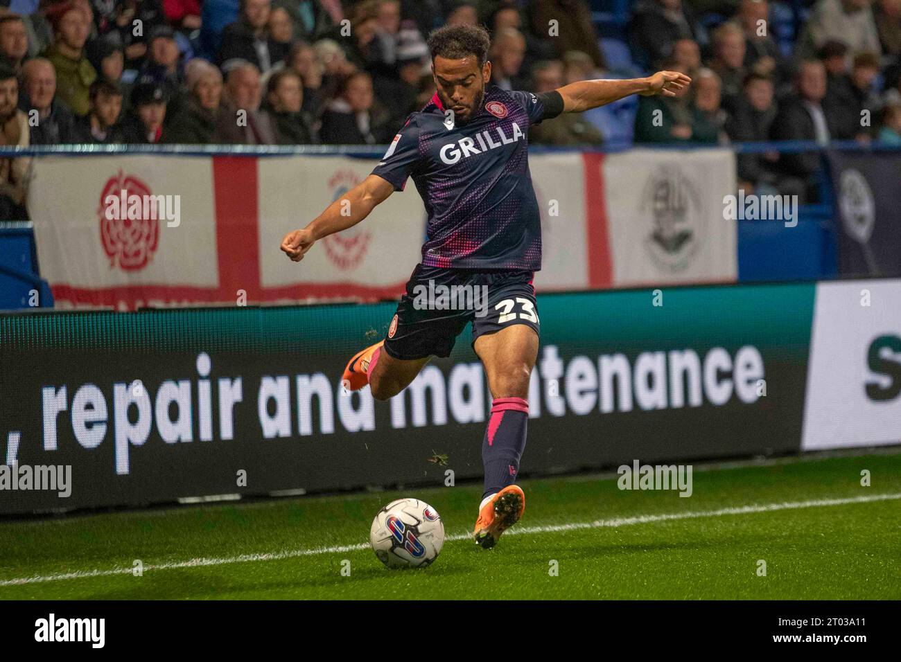 Bolton, UK. 3rd October 2023Louis Thompson 23 of Stevenage F.C in