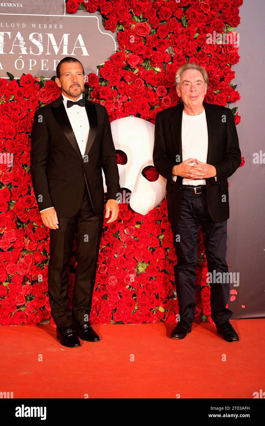 Antonio Banderas and Andrew Lloyd Webber during the premiere of the musical The Phantom of the Opera at the Albeniz Theater on October 3 2023 in Madrid Spain THEATER Oscar Ortiz