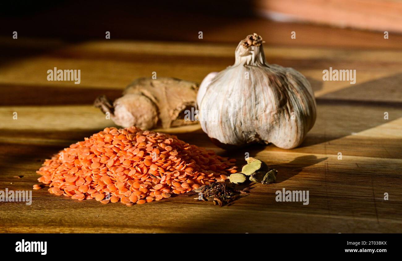 Red lentils , garlic , ginger and spices used for Indian or Asian cooking making dal   Credit Simon Dack Stock Photo