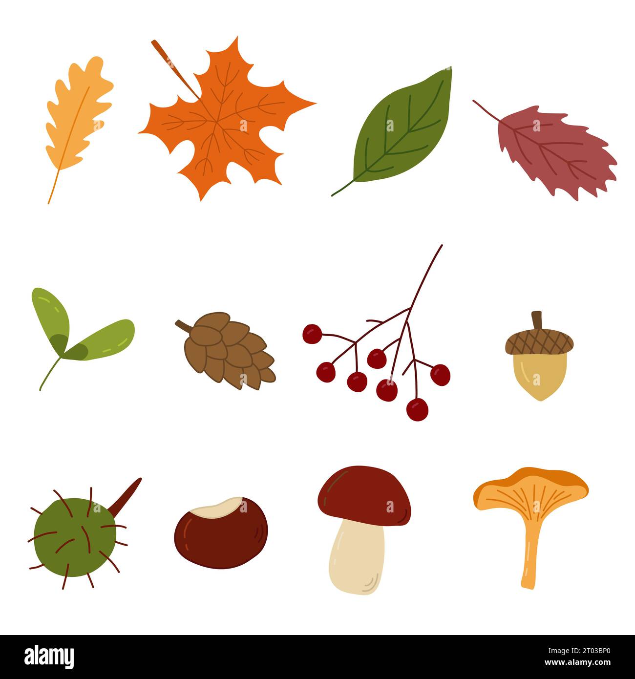 Set of autumn elements, leaves, berry, mushrooms, doodle style vector illustration Stock Vector