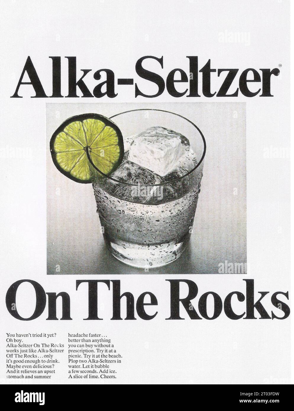 ALKA-SELTZER ON THE ROCKS advert from the 1960's Stock Photo