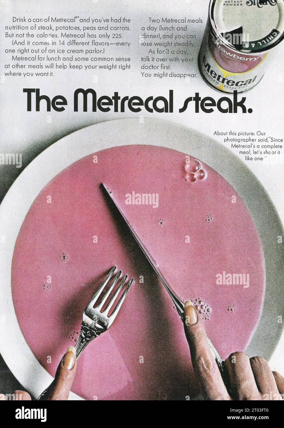 Metrecal Metrecal steak advert, 1969. Drink a can of Metrical Stock Photo - Alamy