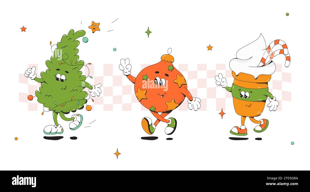 Christmas groovy characters. Tree ball and cup. Stock Vector