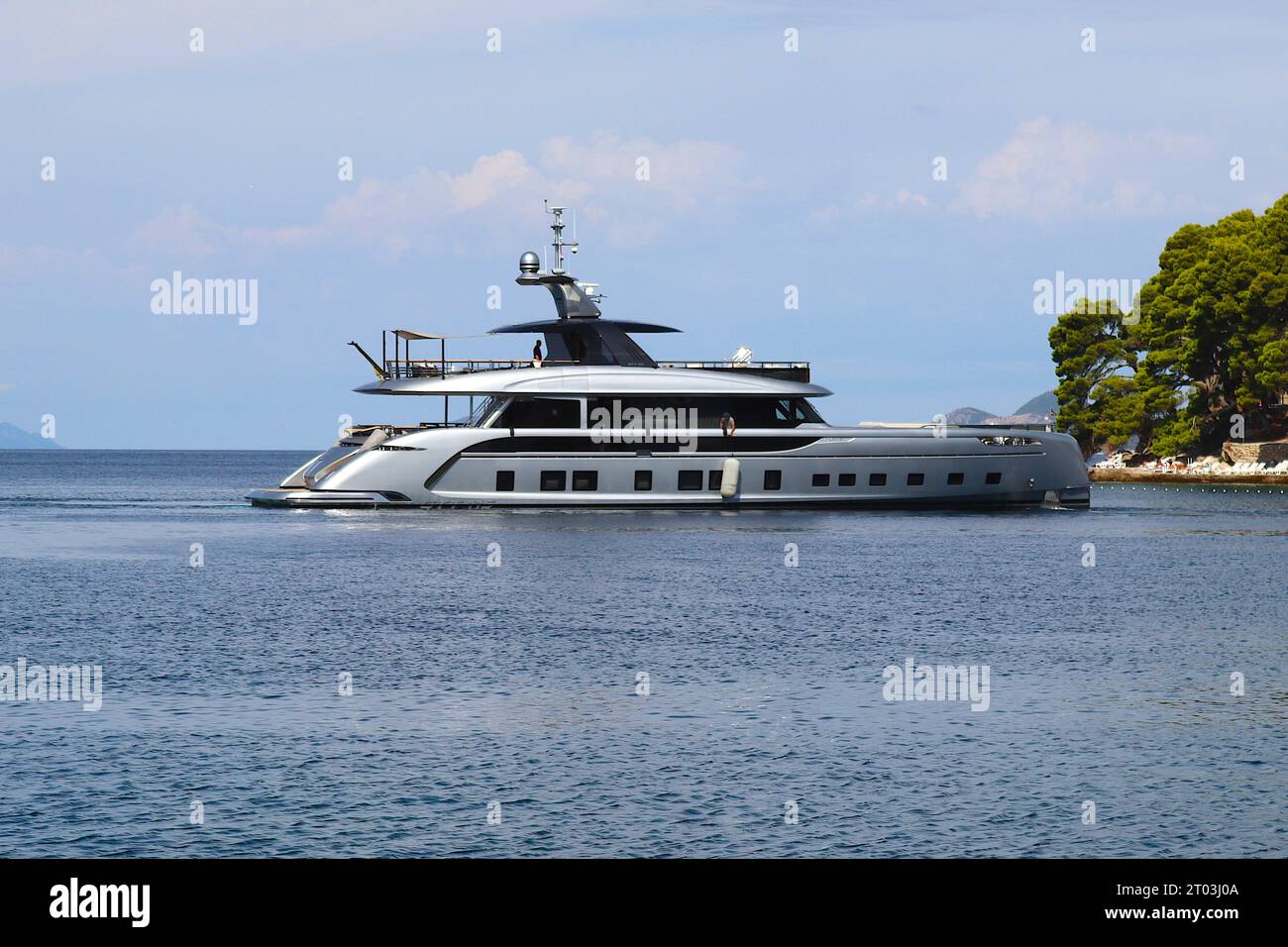 “Jaaber” costing €10.5 - €14 million, is the first of only 7 high end luxury Dynamiq GTT 115 hybrid Superyachts designed by Porsche, departing Cavtat. Stock Photo