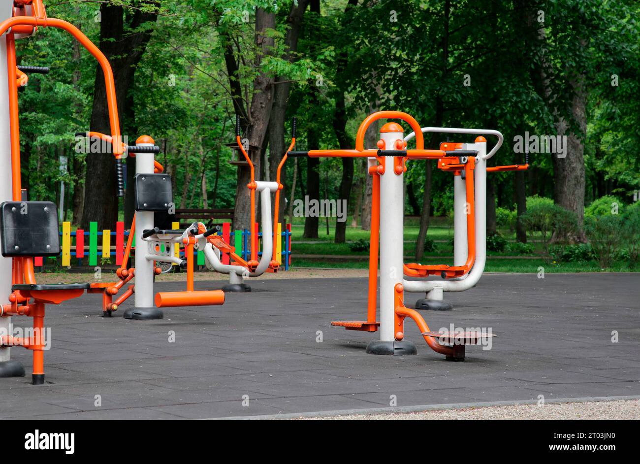 Empty outdoor gym with chest press machine, twister, ovate stepper and air walker Stock Photo
